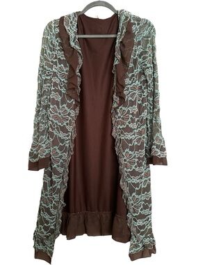Vtg Lace Chenille Long Duster Jacket Floral Kimono Flowy Festival Boho Hippie XL